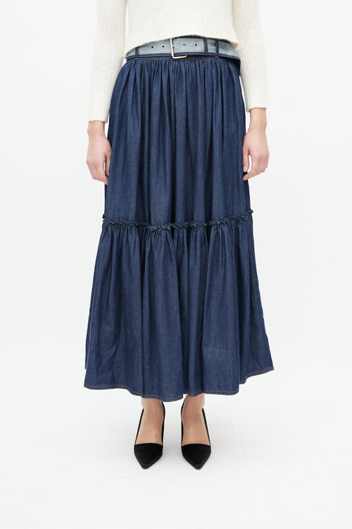 Dior Navy Denim Gathered Belted Skirt