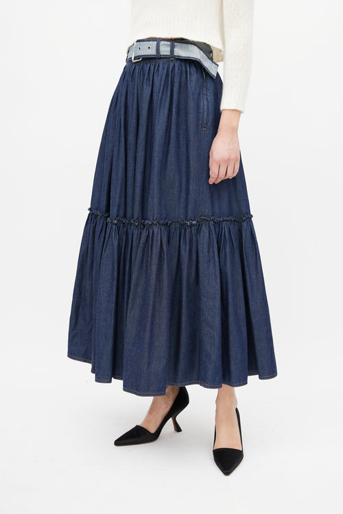 Dior Navy Denim Gathered Belted Skirt