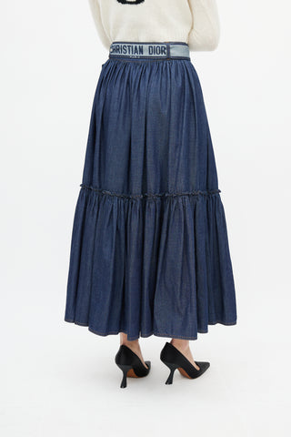 Dior Navy Denim Gathered Belted Skirt