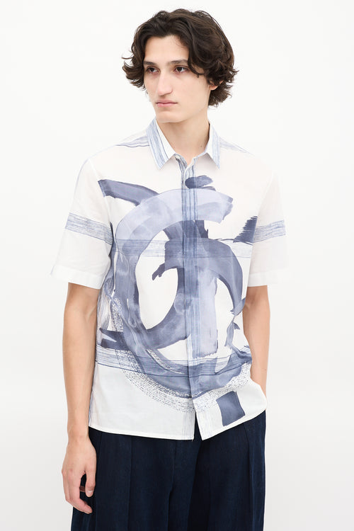 Dior White 
Blue Cotton Printed Short Sleeve Shirt