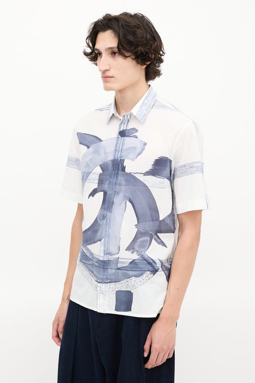 Dior White 
Blue Cotton Printed Short Sleeve Shirt