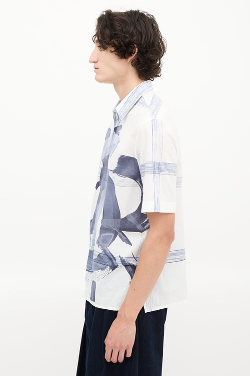 Dior White 
Blue Cotton Printed Short Sleeve Shirt