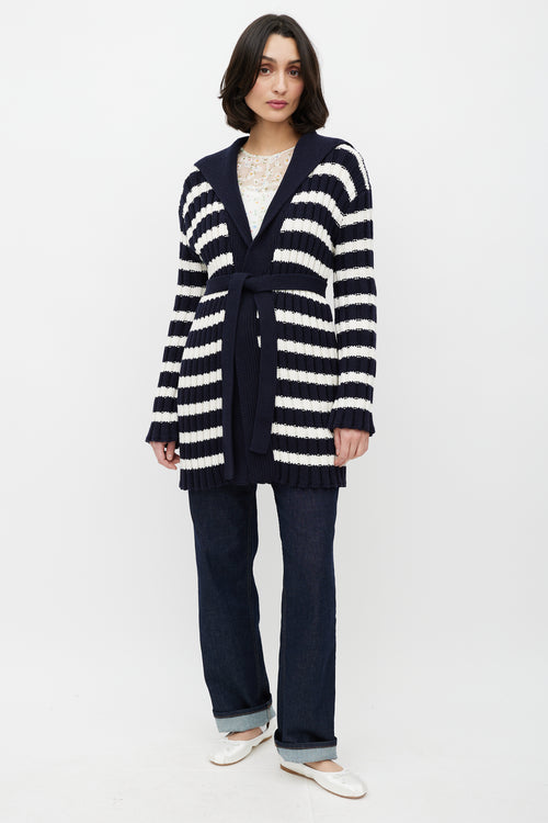 Dior White 
Navy Belted Knit Cardigan