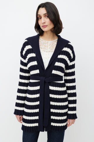 Dior White 
Navy Belted Knit Cardigan