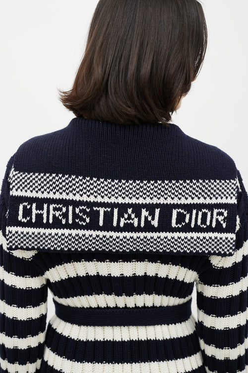 Dior White 
Navy Belted Knit Cardigan