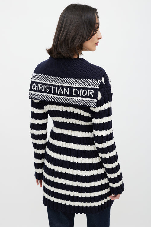 Dior White 
Navy Belted Knit Cardigan