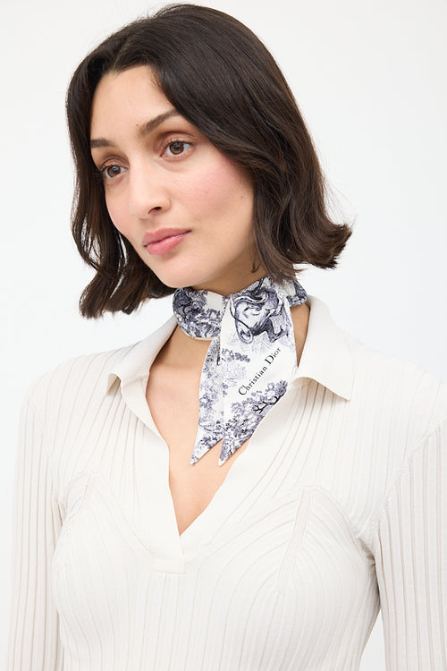 Dior White 
Navy Silk Jouy Sauvage Twill Scarf