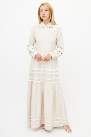 Dodo Baror Beige 
White Knit Eyelet Dress