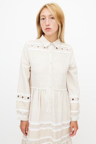 Dodo Baror Beige 
White Knit Eyelet Dress