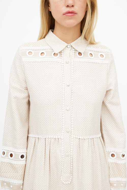 Dodo Baror Beige 
White Knit Eyelet Dress