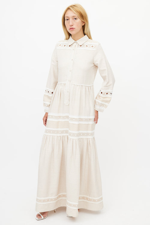 Dodo Baror Beige 
White Knit Eyelet Dress