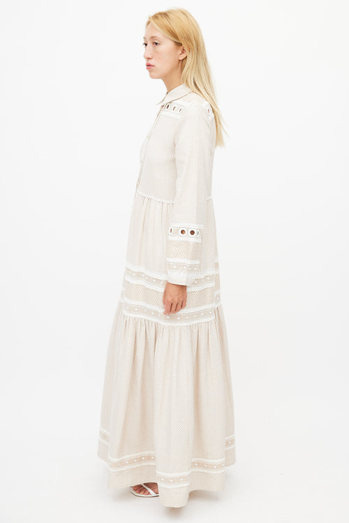 Dodo Baror Beige 
White Knit Eyelet Dress