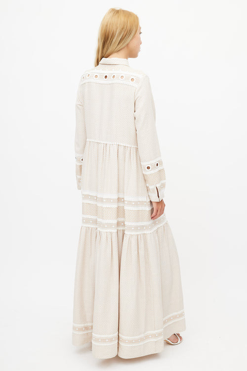 Dodo Baror Beige 
White Knit Eyelet Dress