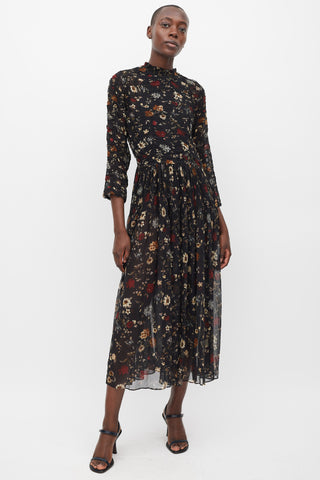 Dôen Black 
Multicolour Silk Floral Sheer Dress