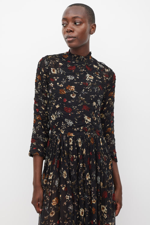 Dôen Black 
Multicolour Silk Floral Sheer Dress