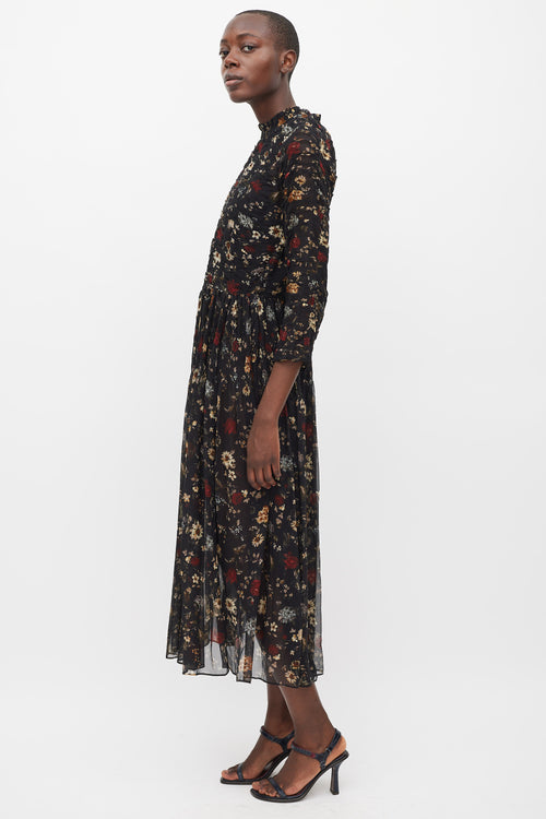 Dôen Black 
Multicolour Silk Floral Sheer Dress