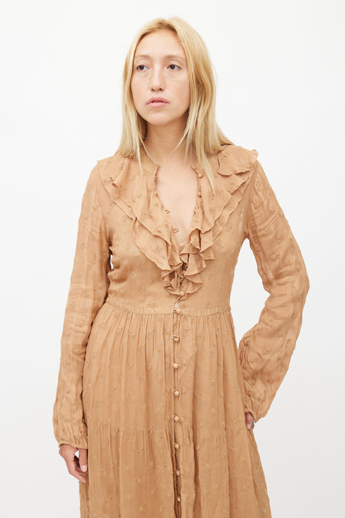 Dôen Brown Embroidered Ruffled Dress