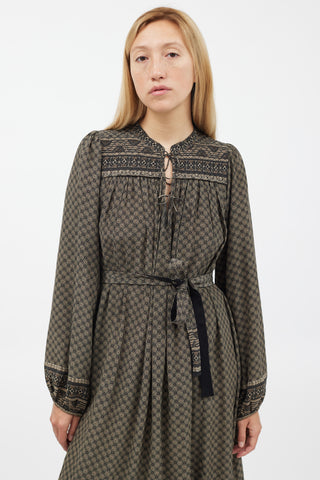 Dôen Green 
Black Geometric Silk Belted Dress