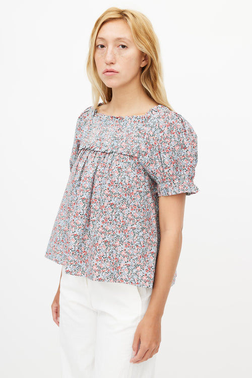 Dôen Red 
Blue Floral Blouse