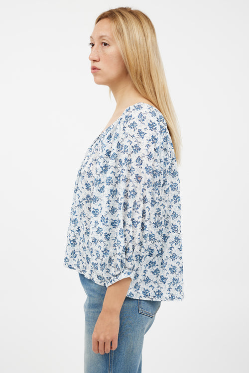 Dôen White 
Blue Floral Pleated Top