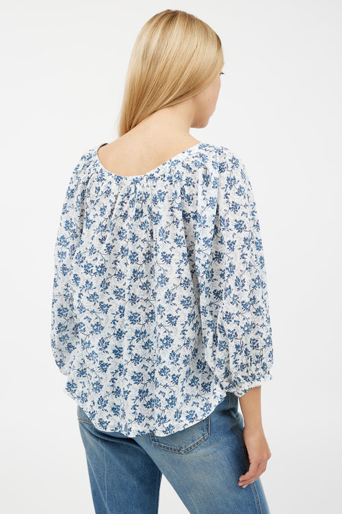 Dôen White 
Blue Floral Pleated Top