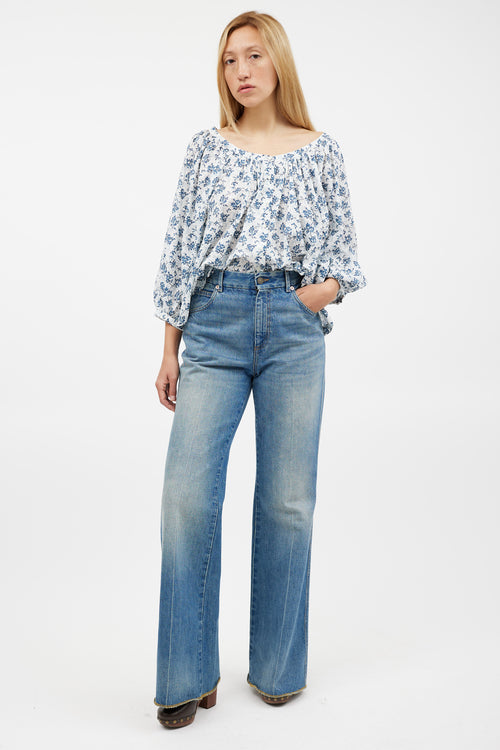 Dôen White 
Blue Floral Pleated Top