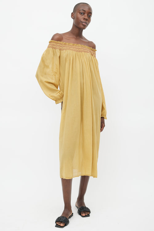 Dôen Yellow Smocked Off Shoulder Dress