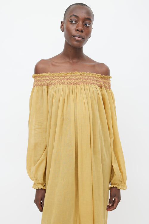 Dôen Yellow Smocked Off Shoulder Dress