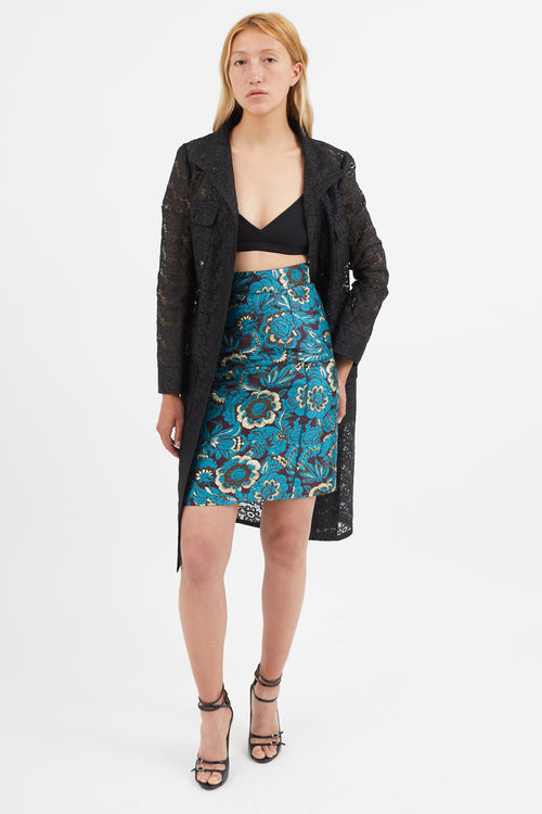 Dolce 
Gabbana Blue 
Gold Brocade Pencil Skirt