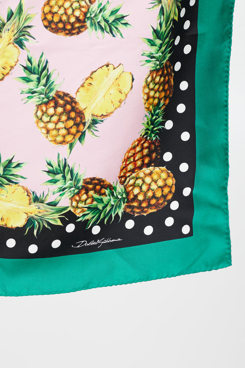 Dolce 
Gabbana Pink Green 
Multicolour Silk Pineapple Printed Scarf