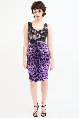 Dolce 
Gabbana Black 
Purple Silk Draped Printed Dress