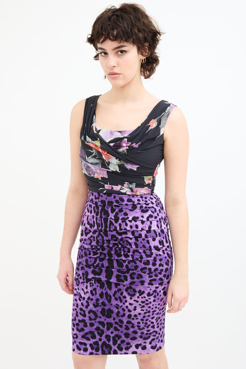 Dolce 
Gabbana Black 
Purple Silk Draped Printed Dress