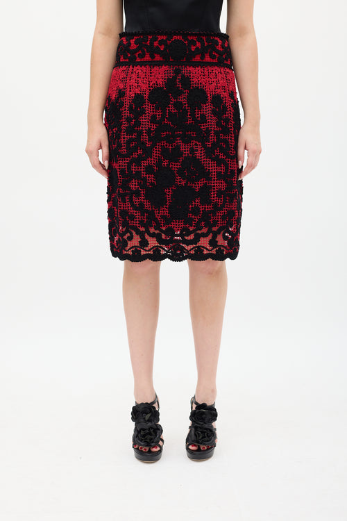 Dolce 
Gabbana Red 
Black Mesh Floral Embroidered Skirt