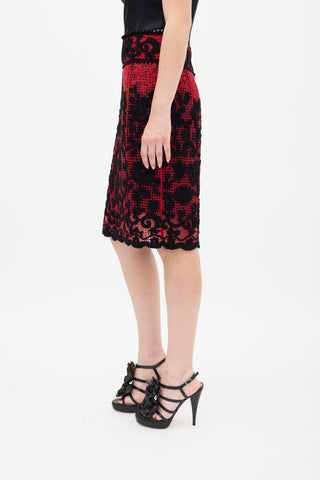 Dolce 
Gabbana Red 
Black Mesh Floral Embroidered Skirt