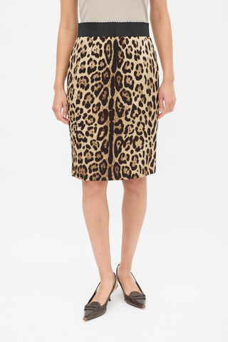 Dolce 
Gabbana Beige 
Brown Silk Printed Pencil Skirt