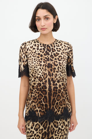 Dolce 
Gabbana Beige 
Brown Silk Printed Lace Trimmed Top