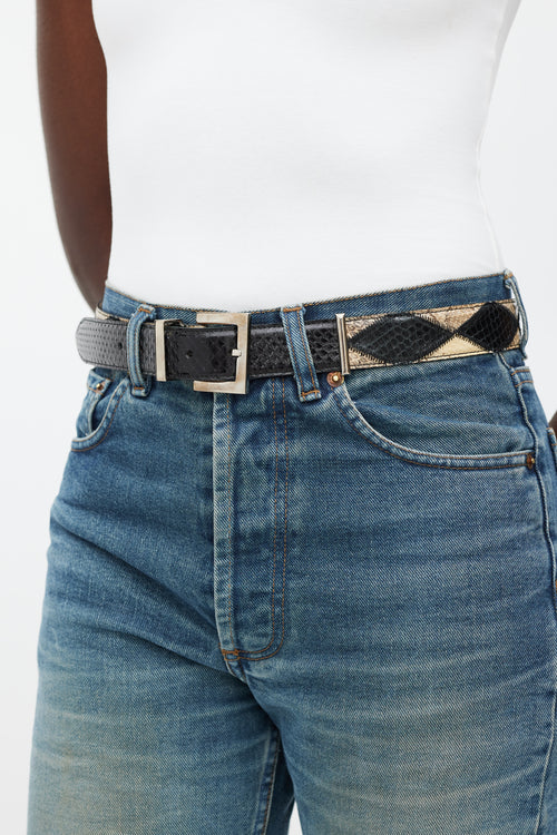 Dolce 
Gabbana Black 
Beige Textured Leather Panelled Belt