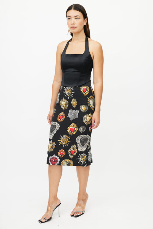 Dolce 
Gabbana Black Heart Print Midi Skirt