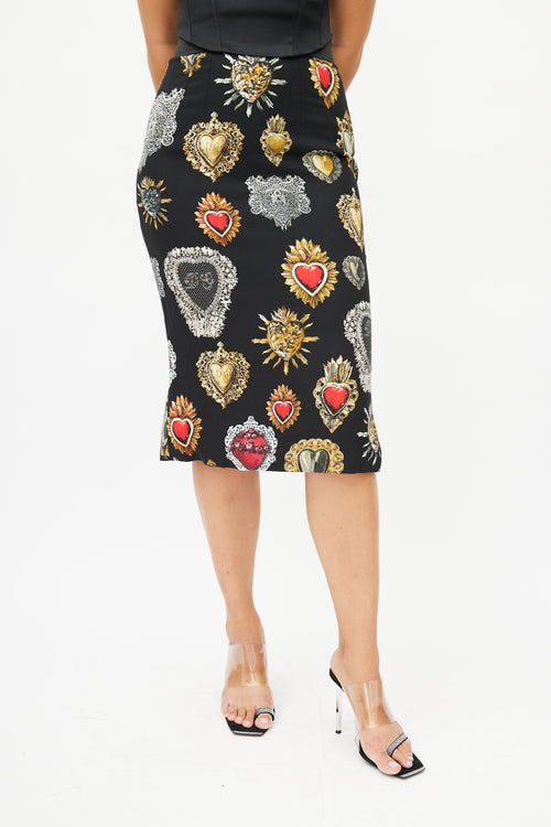 Dolce 
Gabbana Black Heart Print Midi Skirt