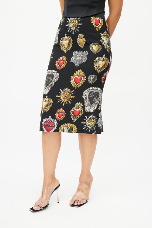 Dolce 
Gabbana Black Heart Print Midi Skirt