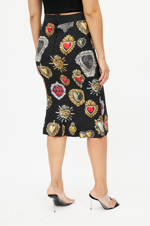 Dolce 
Gabbana Black Heart Print Midi Skirt