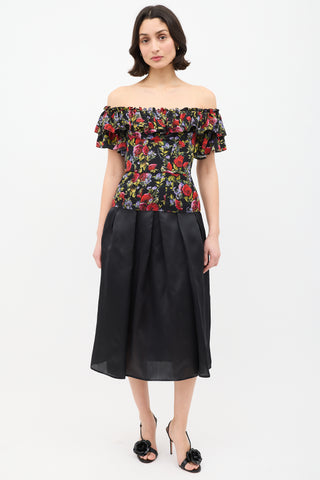 Dolce 
Gabbana Black 
Multi Silk Rose Ruffle Peplum Top