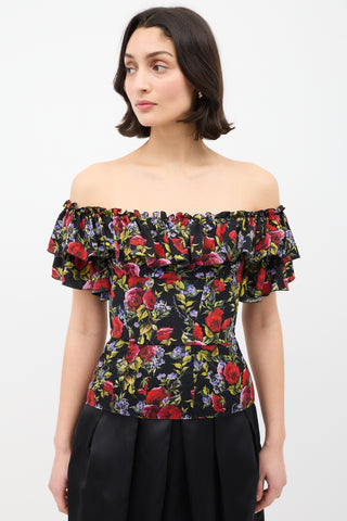 Dolce 
Gabbana Black 
Multi Silk Rose Ruffle Peplum Top