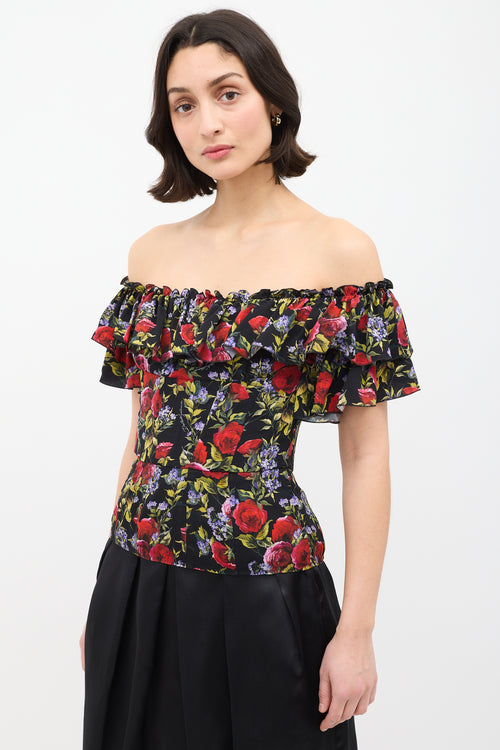 Dolce 
Gabbana Black 
Multi Silk Rose Ruffle Peplum Top