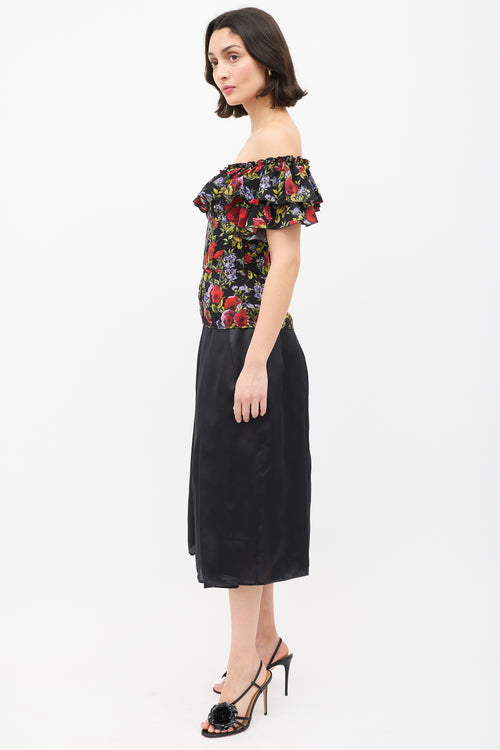 Dolce 
Gabbana Black 
Multi Silk Rose Ruffle Peplum Top