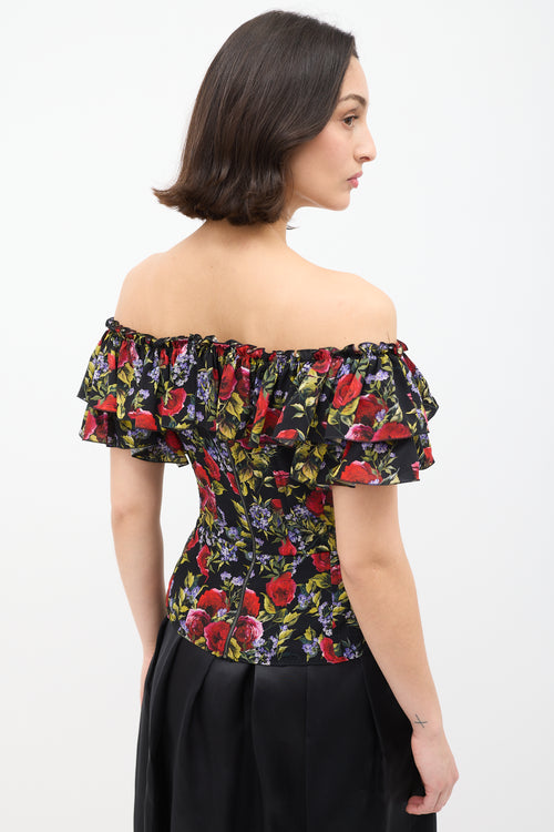 Dolce 
Gabbana Black 
Multi Silk Rose Ruffle Peplum Top