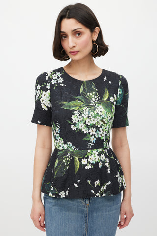 Dolce 
Gabbana Black White 
Green Floral Brocade Peplum Top