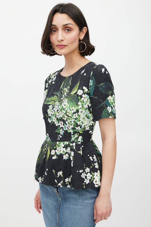 Dolce 
Gabbana Black White 
Green Floral Brocade Peplum Top