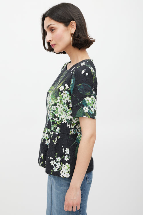 Dolce 
Gabbana Black White 
Green Floral Brocade Peplum Top