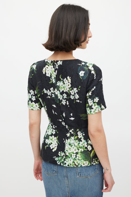 Dolce 
Gabbana Black White 
Green Floral Brocade Peplum Top